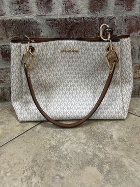 Michael Kors Cream and Brown Logo-Print Tote with Gold Hardware